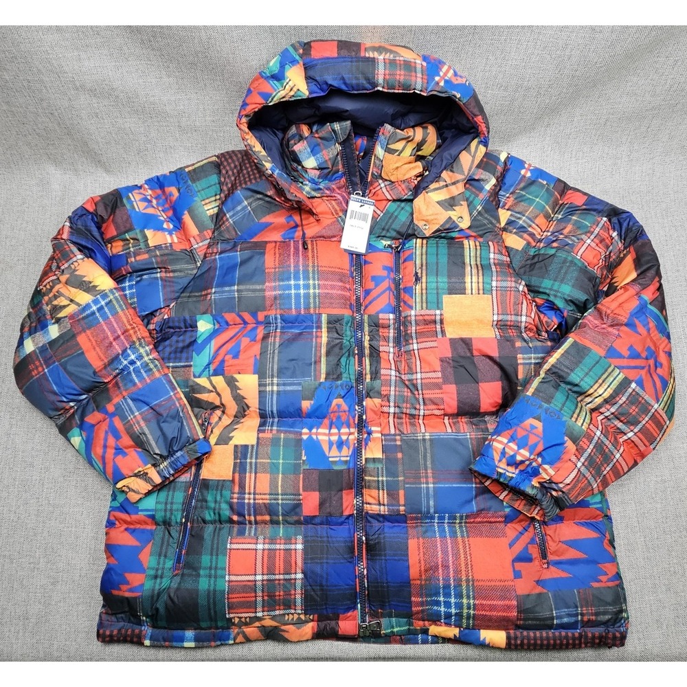 Polo Ralph Lauren Jacket Mens 2XLT Patchwork Plaid Hooded Down Puffer Aztec Ski
